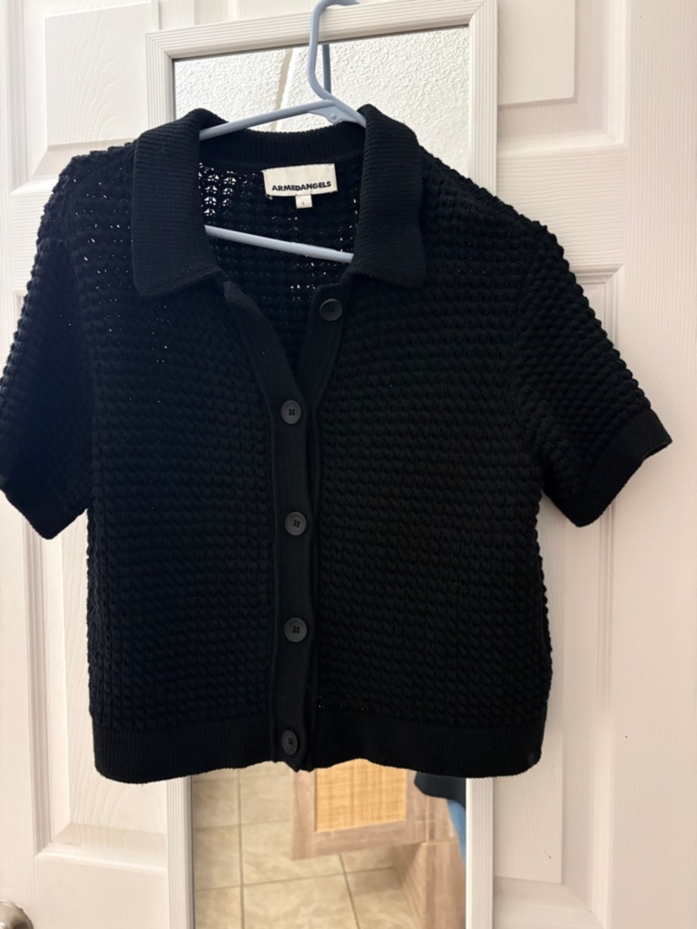 ARMEDANGELS Black Short-Sleeve Knit Button Shirt, size L
